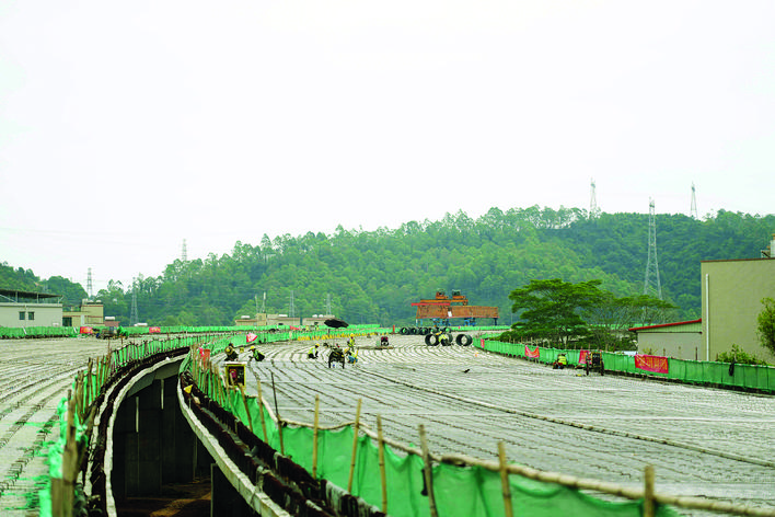     深莞惠红色干线新圩段施工现场，工人正在抓紧施工。