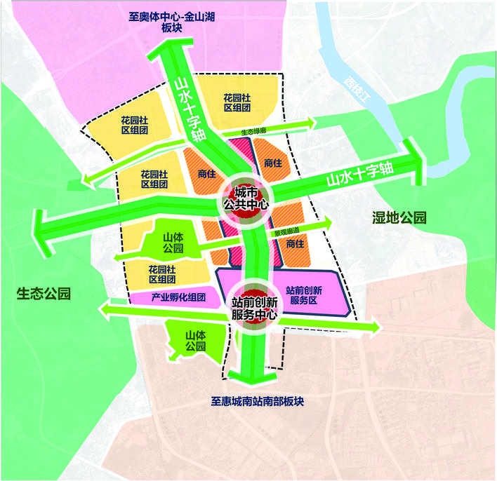     金山新城核心区城市空间结构布局图。惠州日报记者邱若蓉 通讯员陈佛良 马正波 摄