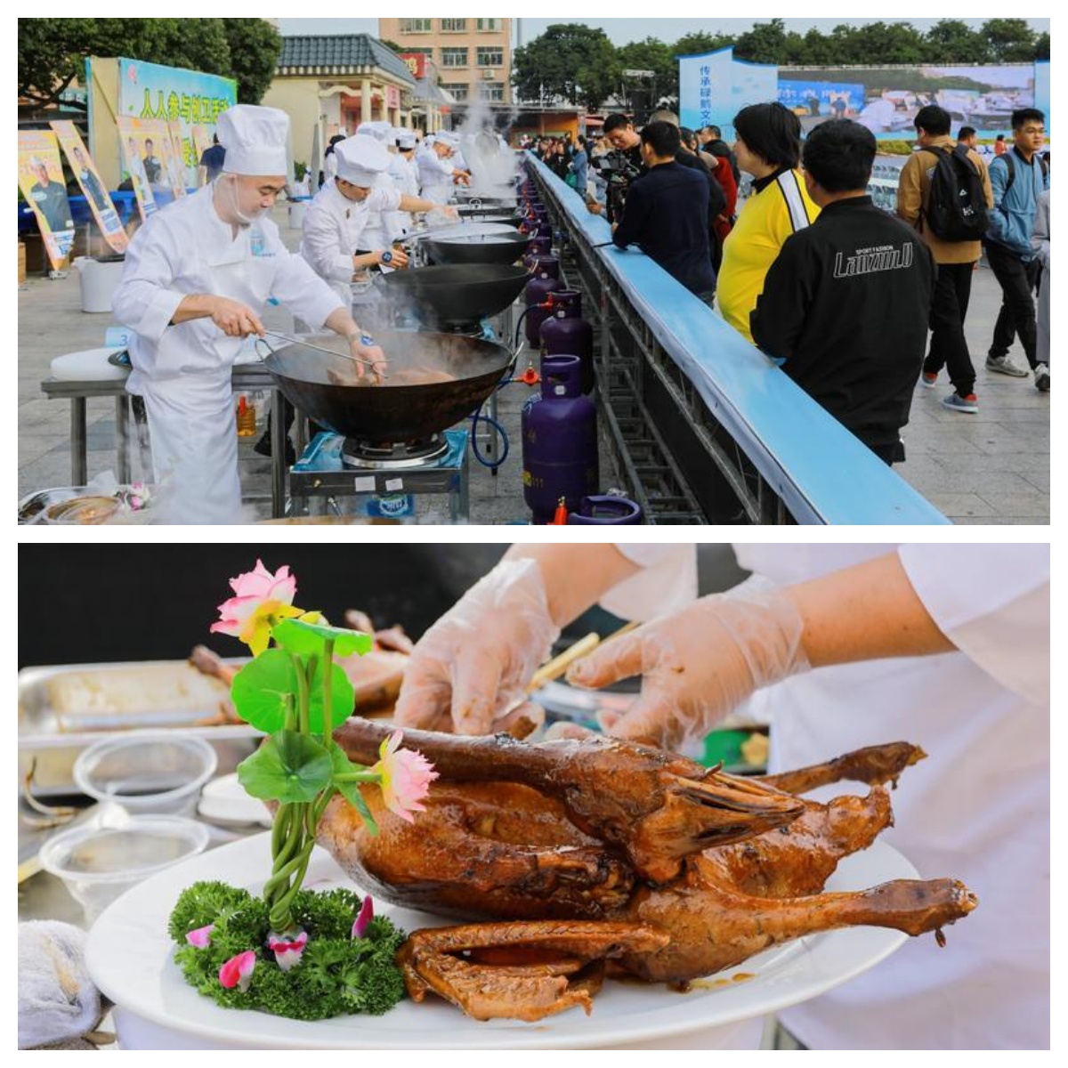 <p>    上：31名主厨同台竞技，比赛现场热火朝天。
    下：新鲜出炉的碌鹅香气四溢。
</p>