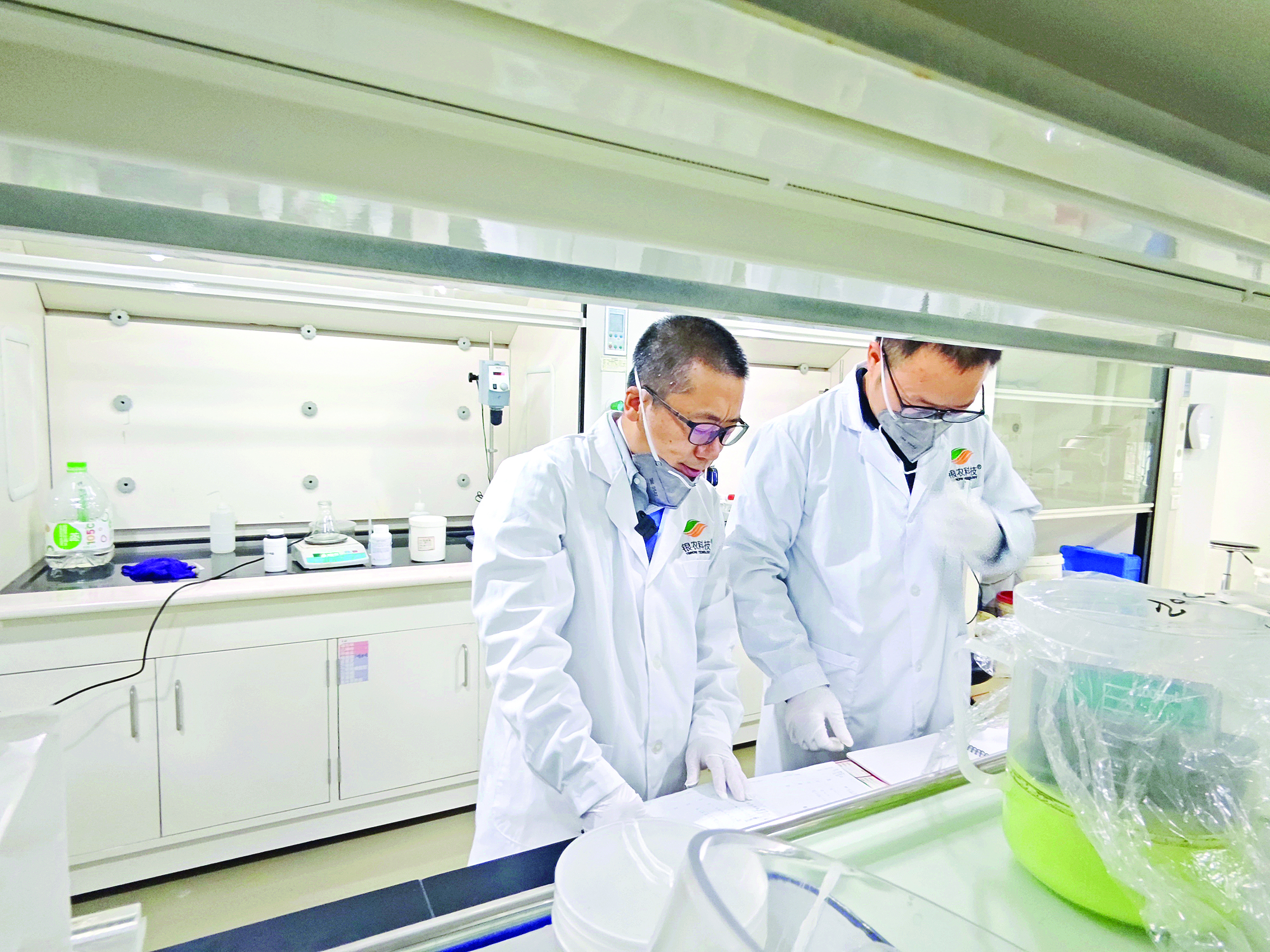     王爱臣（左）和同事开展绿色农药科研。