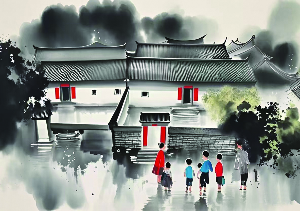     下源村春山书院AI绘图。（原型图由惠州日报记者谢菁菁摄） 绘图 惠州日报社AI媒体应用智能实验室