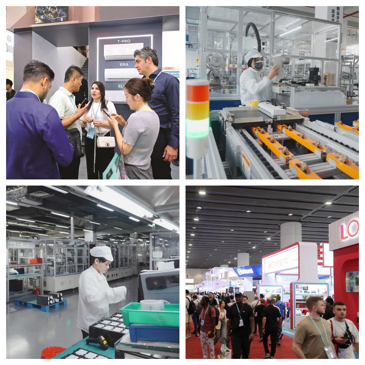 <p>    左上：第136届广交会现场，客商在TCL展区内交流。    右上：广东威林科技股份有限公司生产车间。    左下：惠州赣锋锂电科技有限公司生产车间。    右下：第136届广交会现场人头攒动。</p>