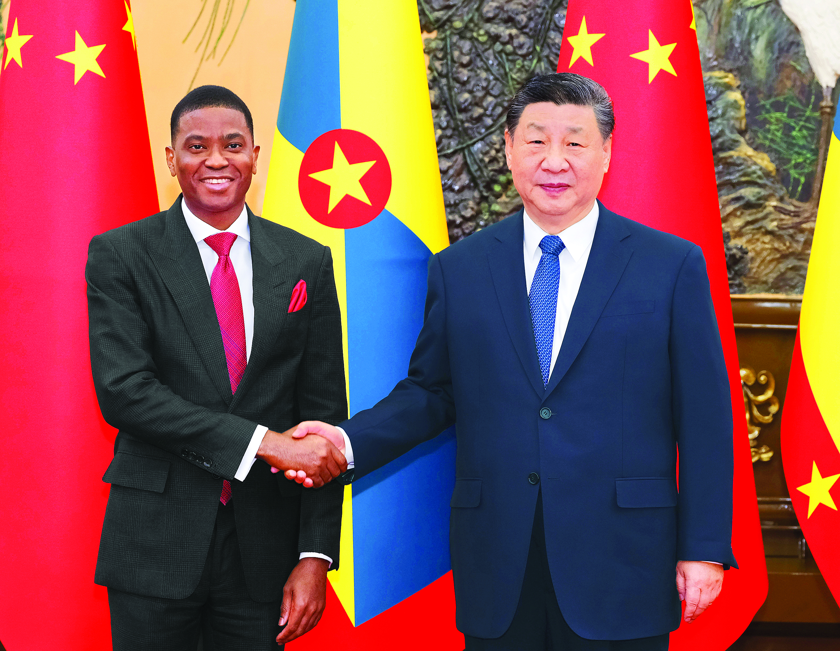     1月13日上午，国家主席习近平在北京人民大会堂会见来华进行正式访问的格林纳达总理米切尔。新华社发