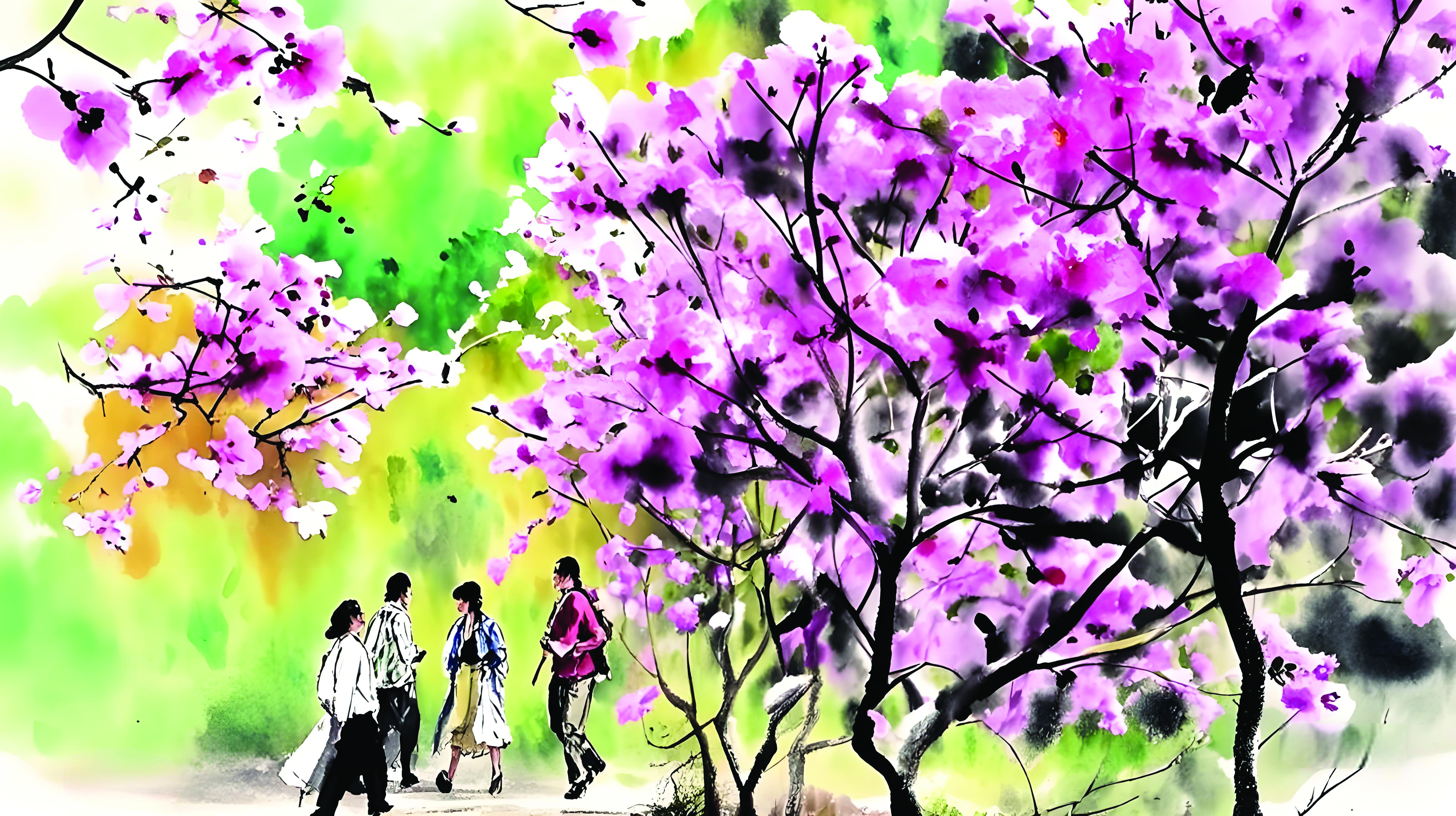     紫花风铃木迎冬绽放。绘图 惠州日报社AI媒体应用智能实验室