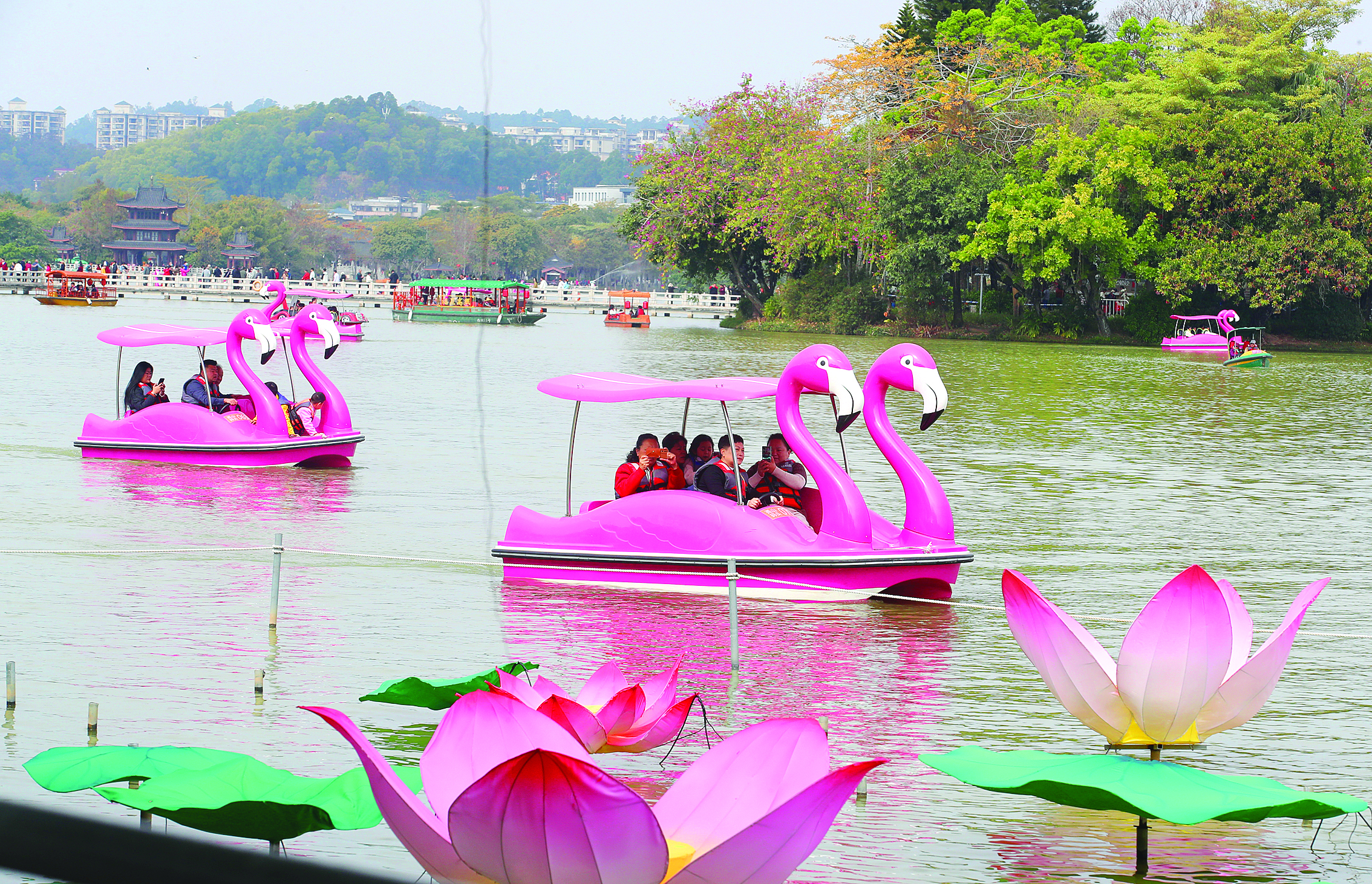     泛舟湖上享受春节假期。