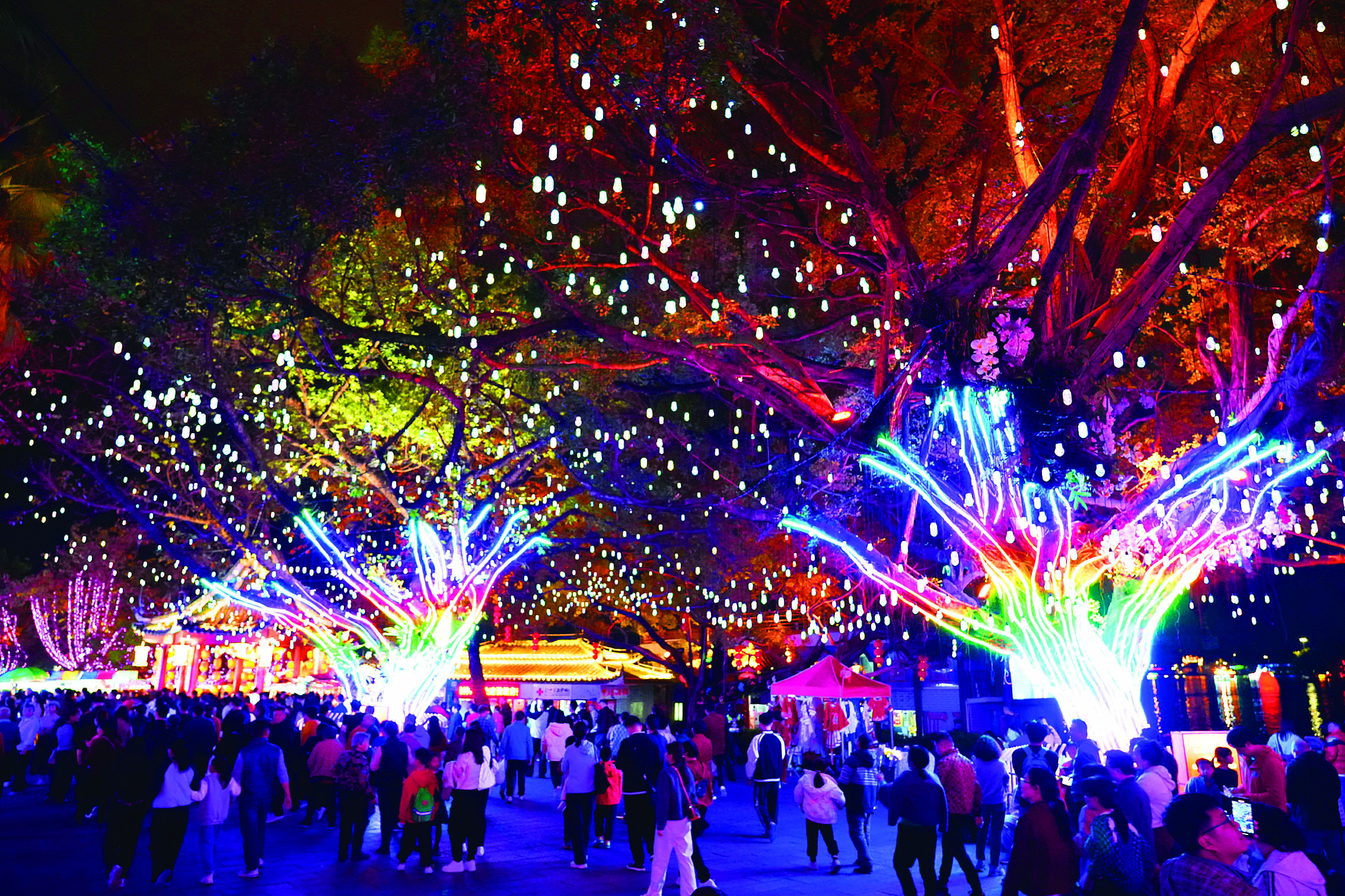     惠州西湖景区游人如织，或观赏花灯，或拍照留念。本组图片 惠州日报记者朱金赞 钟畅新 摄