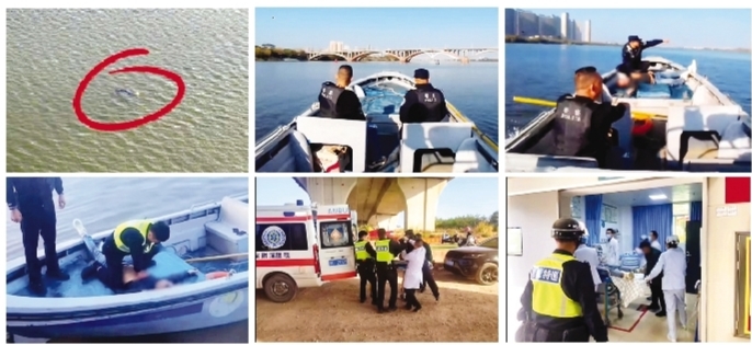     惠州公安4名警力施救落水男子过程。图片来源：惠州公安视频截图