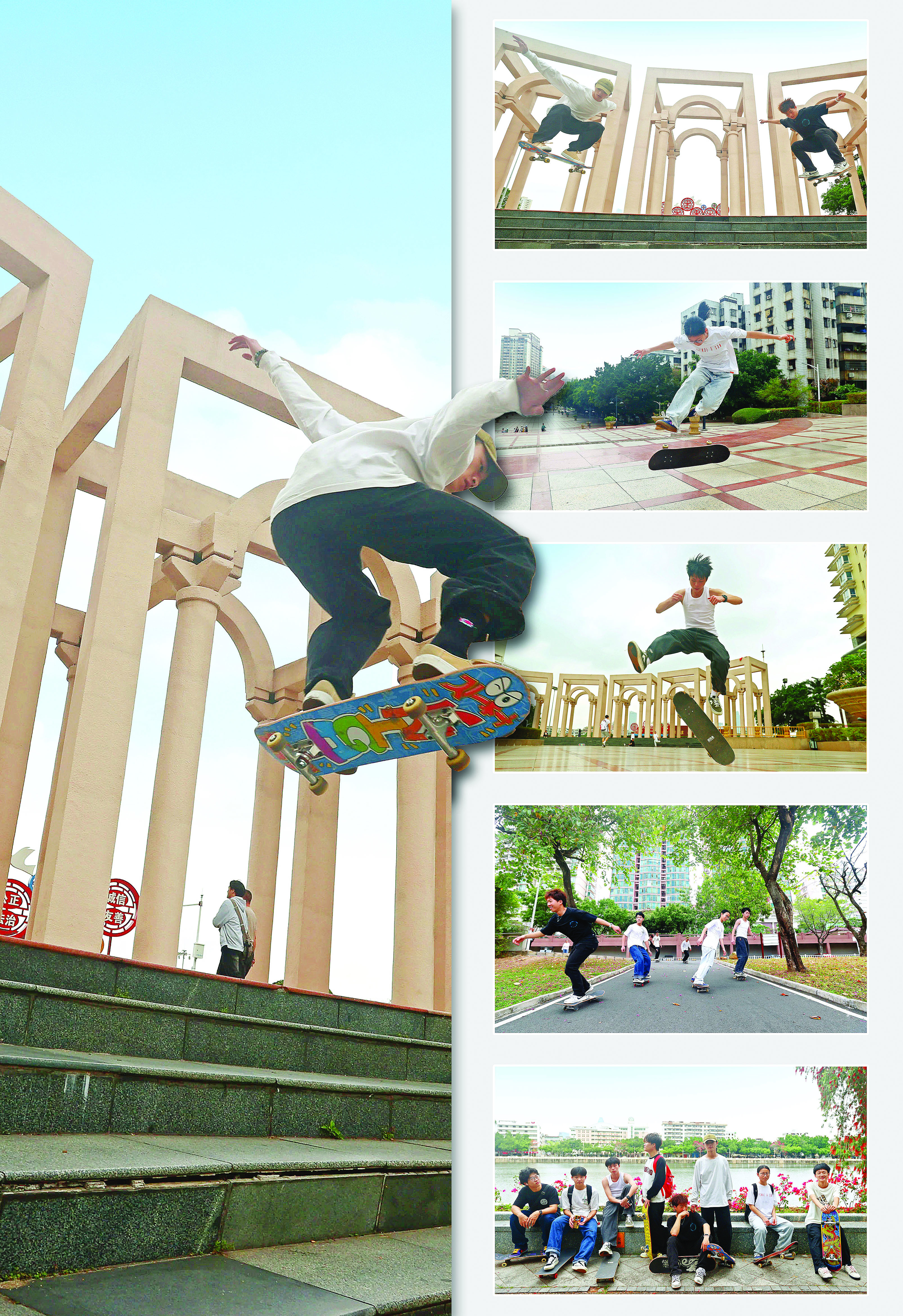     ①双人组合飞跃阶梯。②凌空360度旋转。③技巧练习。④享受自由滑行的瞬间。⑤滑板爱好者合影。⑥腾空而起。    ▼