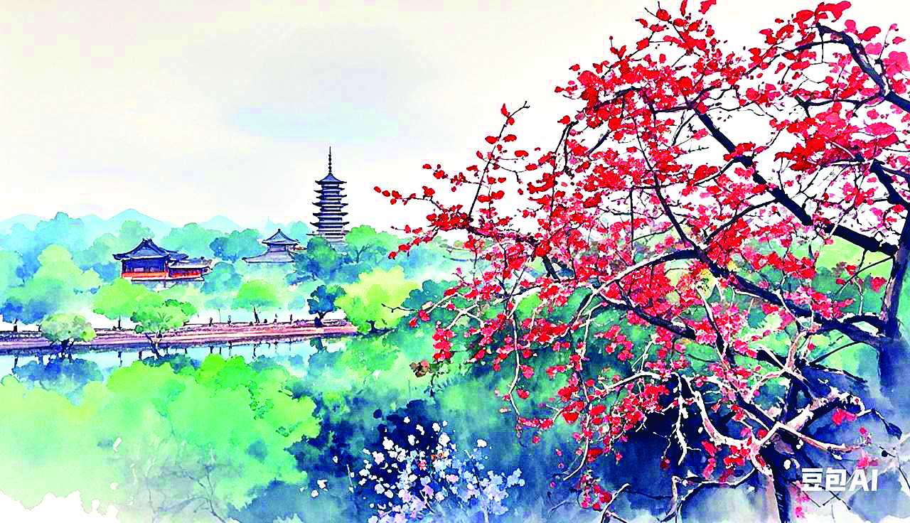     惠州西湖景区花红柳绿，一派春光。  绘图 惠州日报社AI媒体应用智能实验室