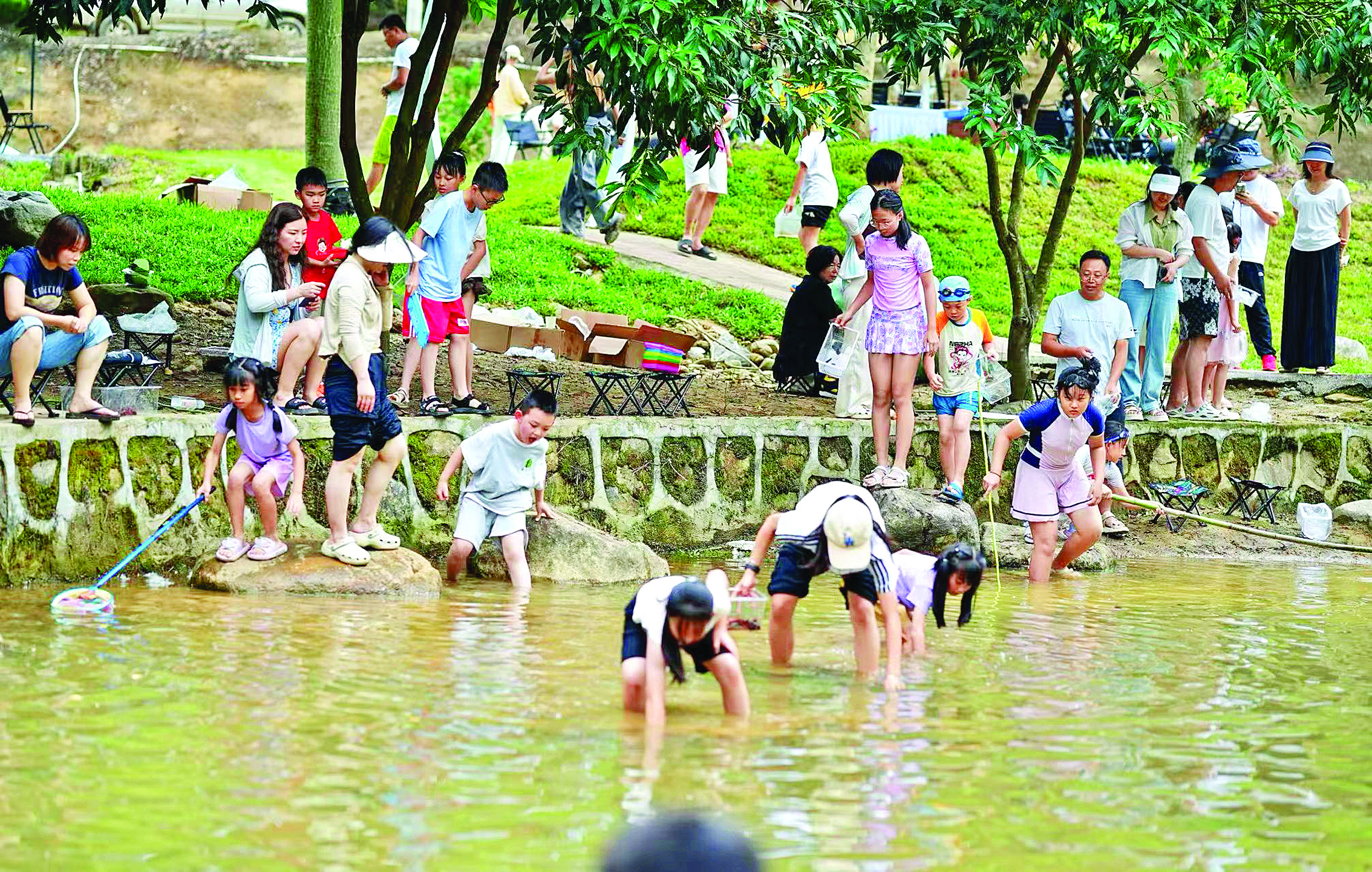     孩子们在黎光村惠州心野轻奢营地摸泥鳅。惠州心野轻奢营地供图