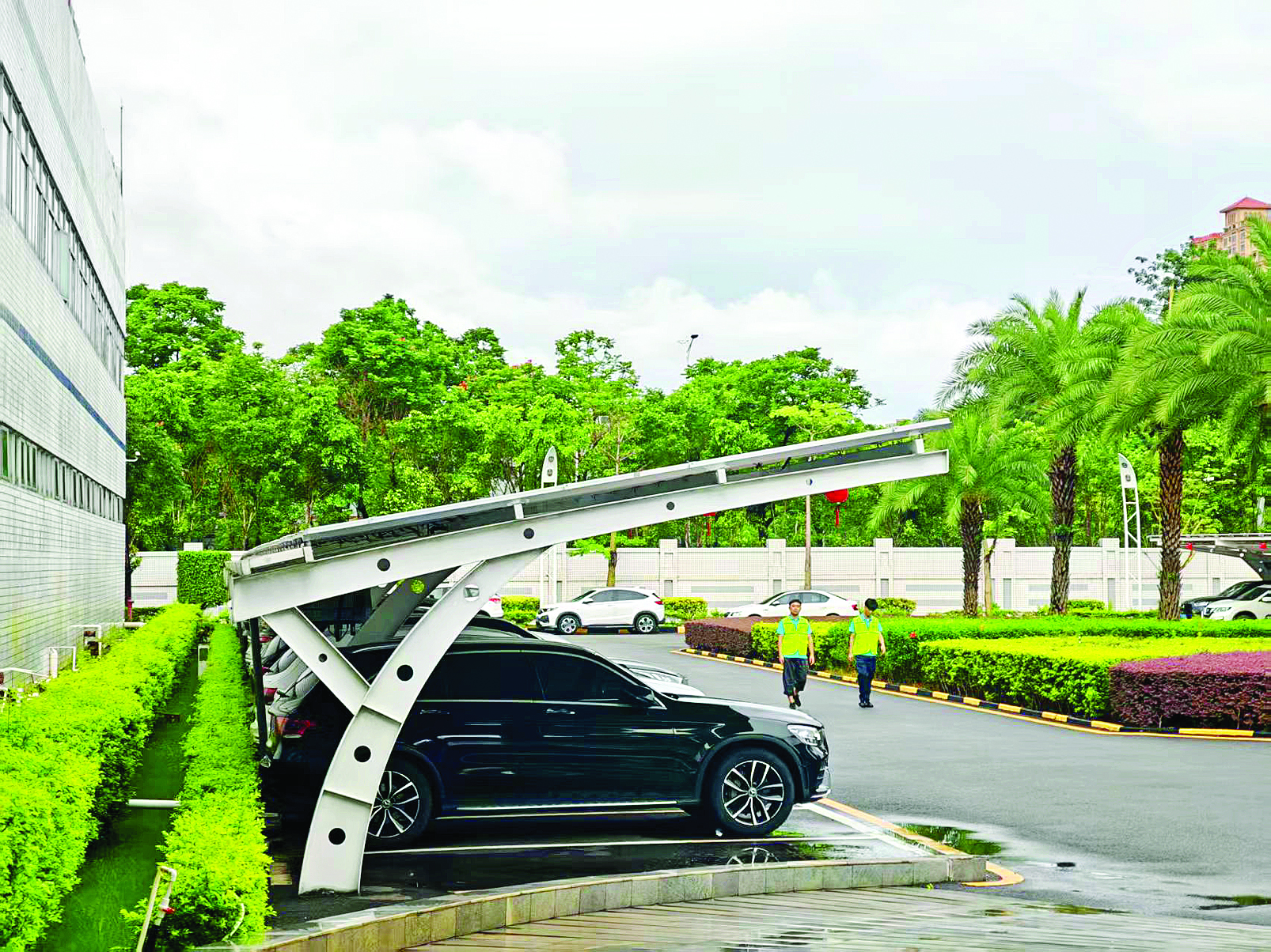     建业科技厂区的停车棚是光伏板。