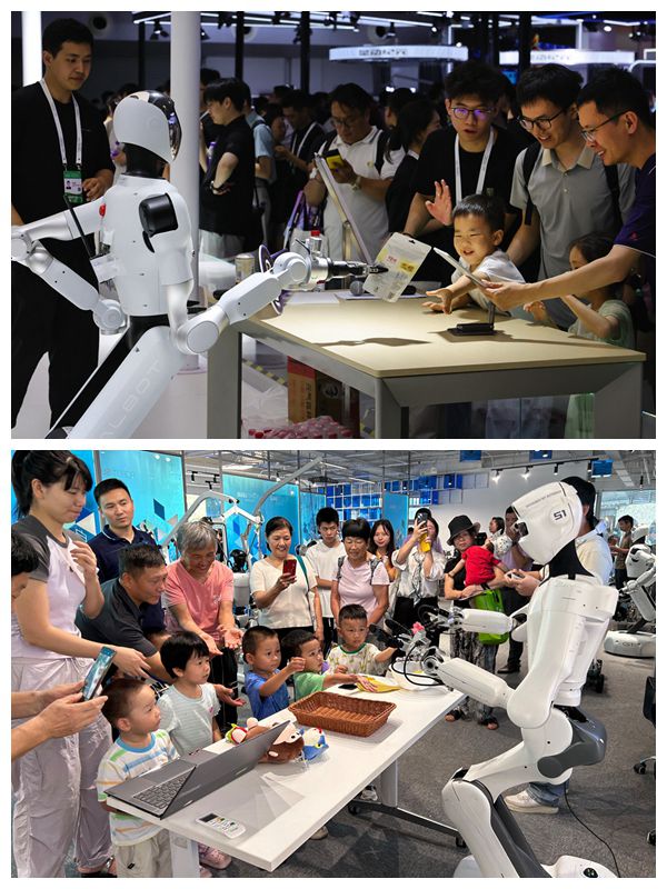 <p>    图一 在2025世界人工智能大会现场，小朋友从一个服务机器人“手”中接过自己选购的商品。新华社发    图二 7月28日，参观者在机器人6S店与机器人互动。    新华社发</p>