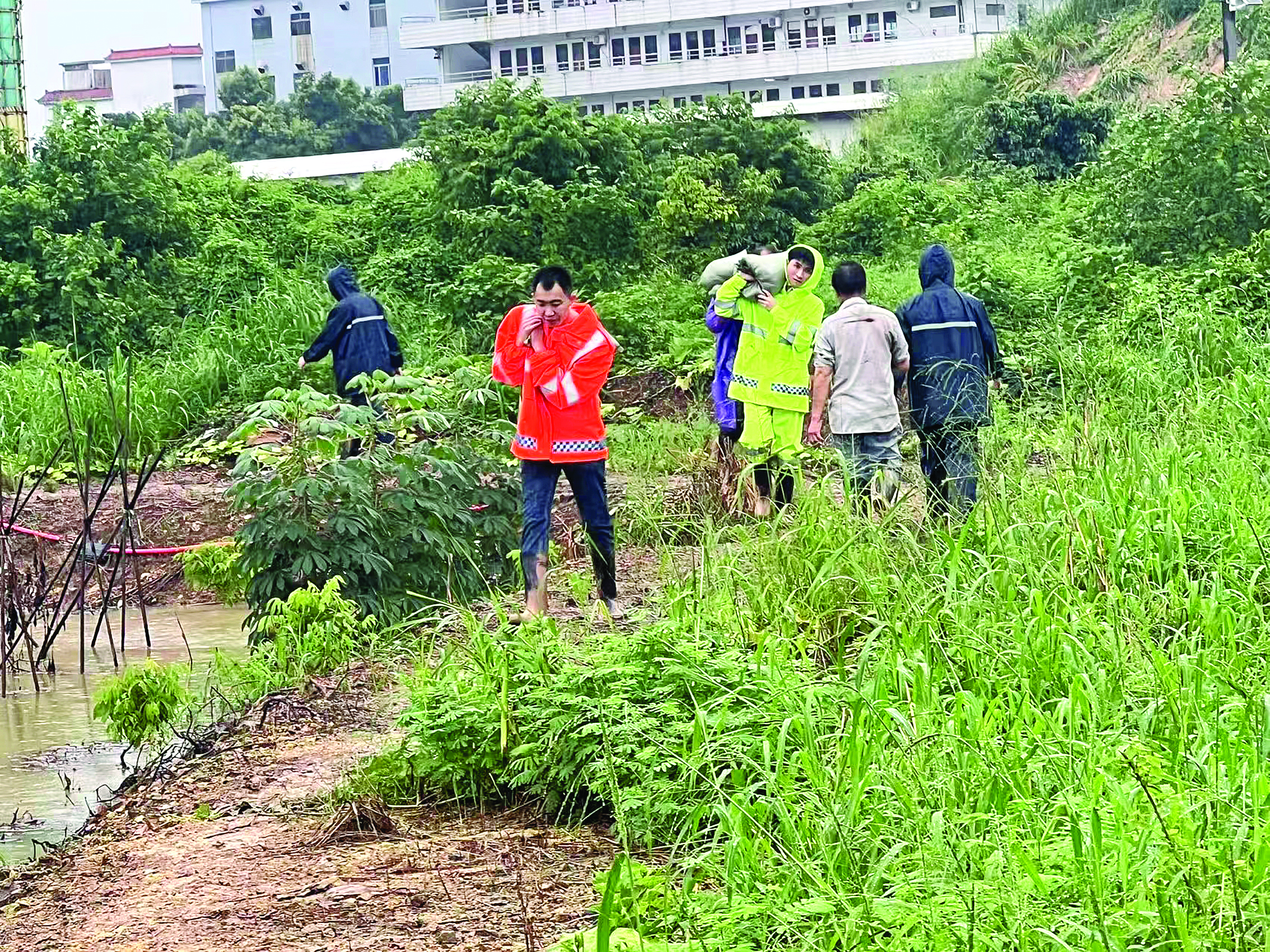     抢险小队扛着沙袋冲向堤坝。    惠州日报记者刘乙端 通讯员刘素梅 摄