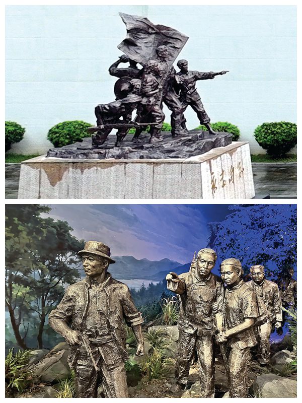 <p>    图一 东江纵队纪念雕塑。    图二 馆内形象展示了广东人民抗日游击队实施秘密大营救的场景。</p>