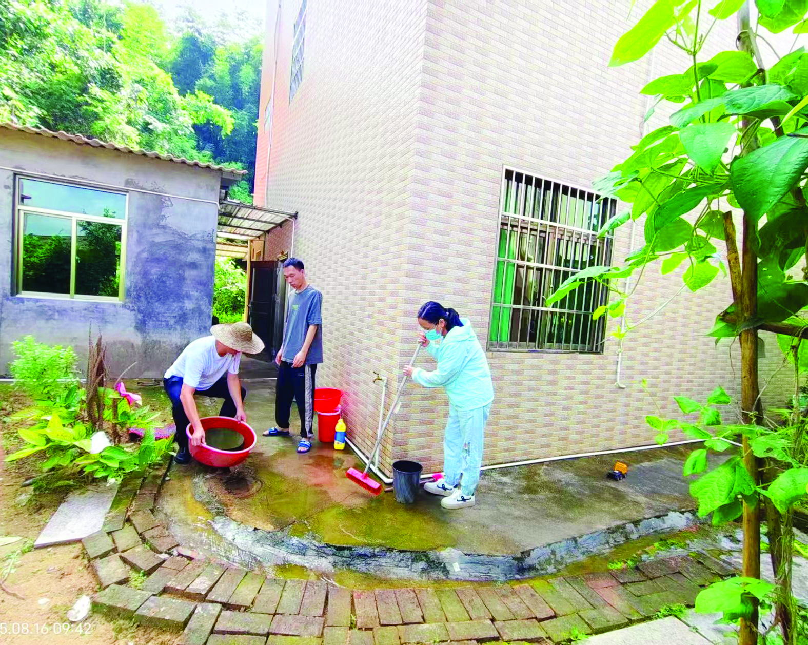     干部群众在清理积水。湖镇镇供图