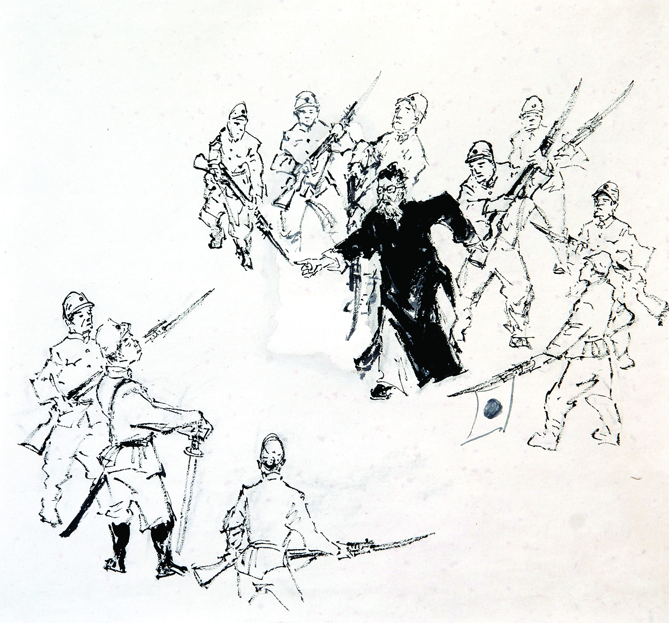     惠州画家黄澄钦所作的《惠州老人助军抗日誓死与城共存亡》之吴职藩痛骂日寇。侯县军 翻拍