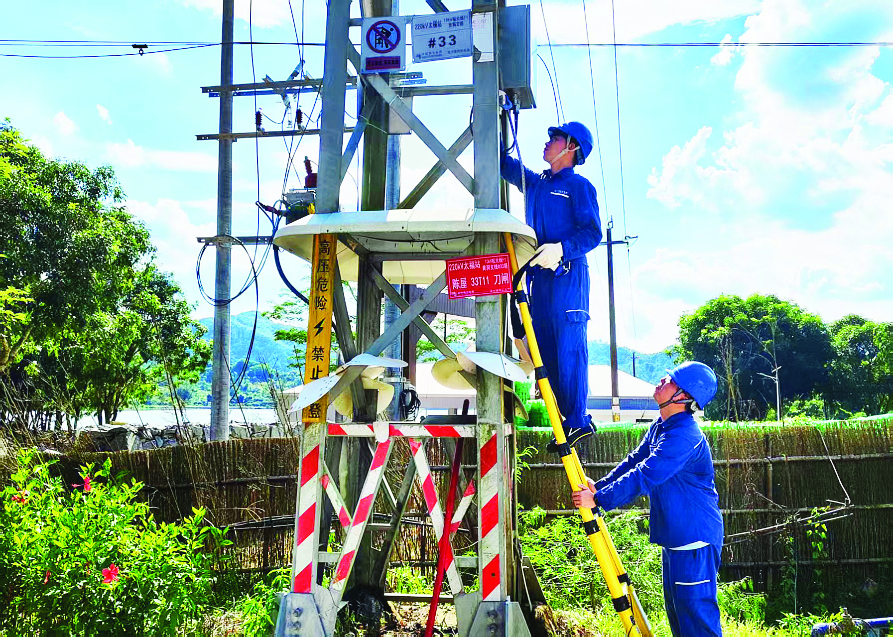     南方电网广东惠州惠阳供电局的青年突击队队员细致巡检电网设备。    惠州日报记者骆国红 通讯员陈凌 曾韵诗 摄
