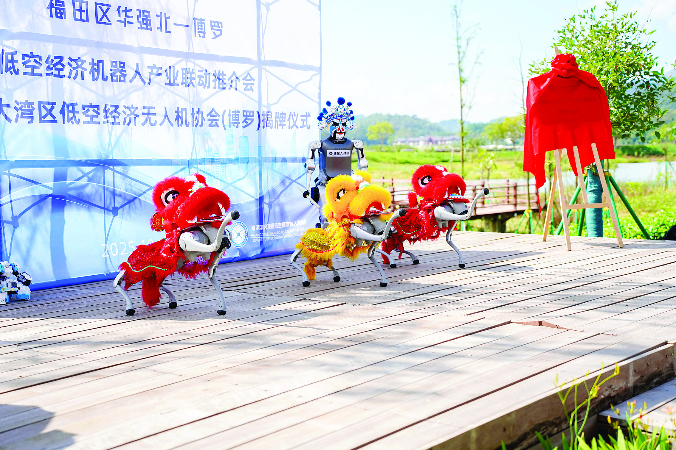     三台机器狗配合音乐节奏灵活舞动。惠州日报记者李燕文 通讯员博罗宣 摄