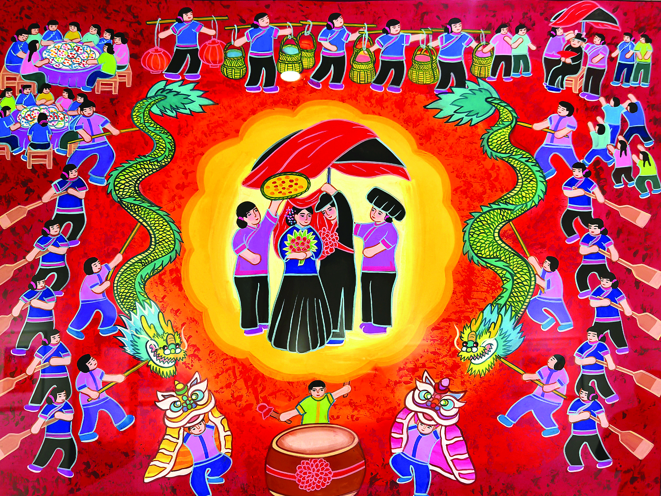     龙门农民画《渔家婚嫁》（翻拍）。