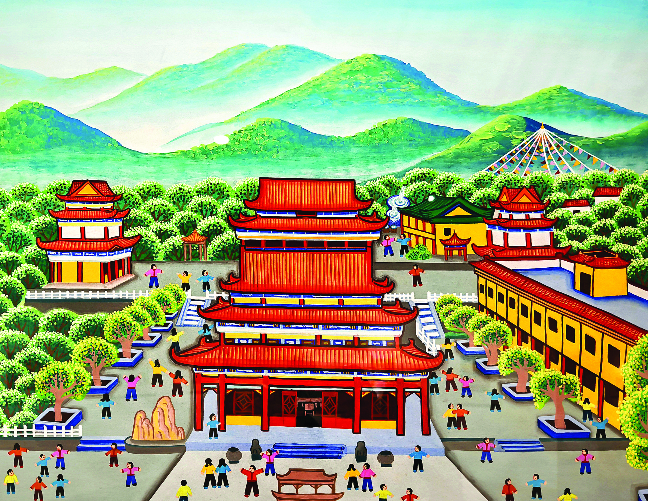     龙门农民画《清泉古寺》（翻拍）。