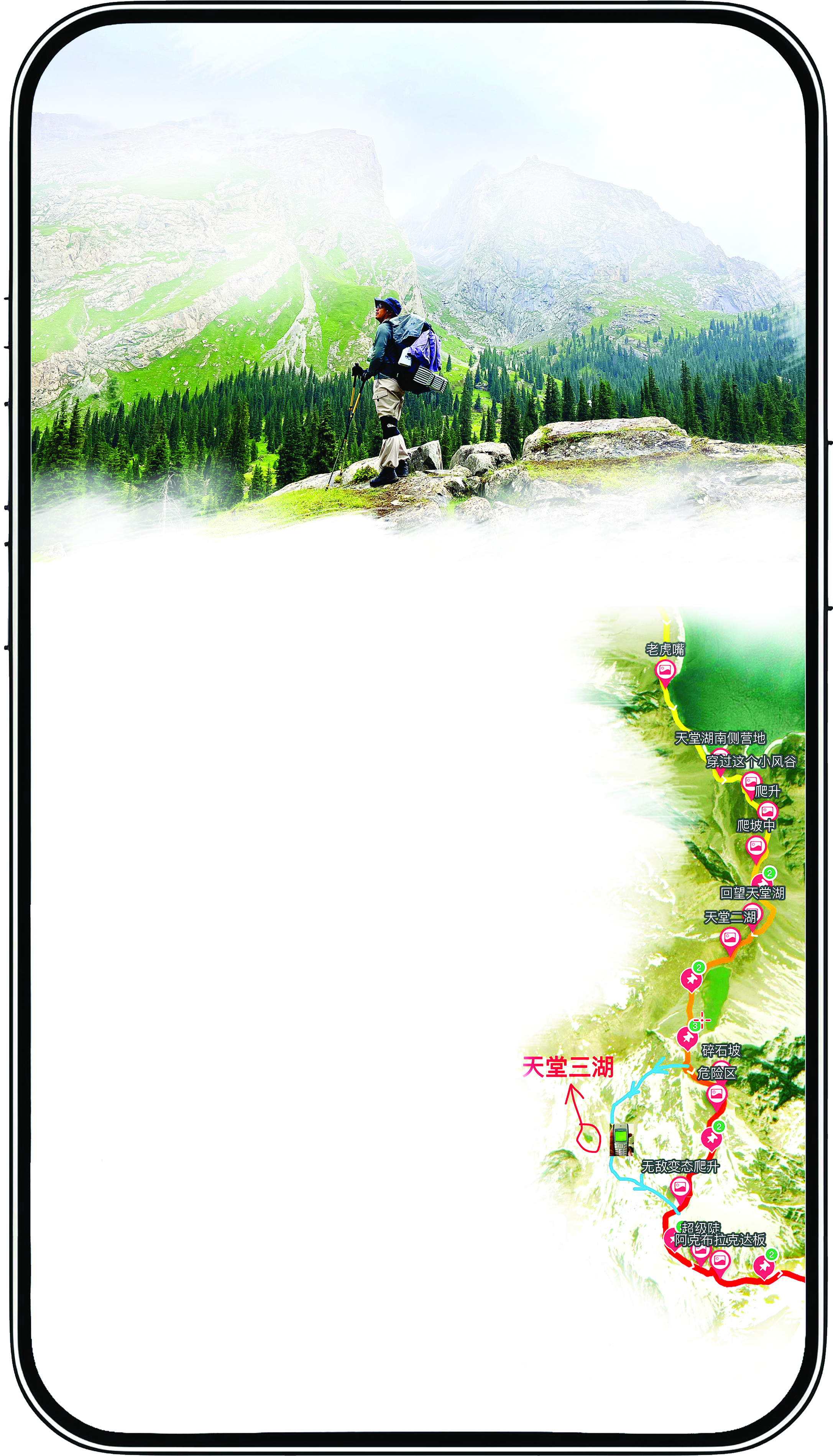     图一 徒步爱好者郭先生。    图二 新疆乌孙古道地形图。