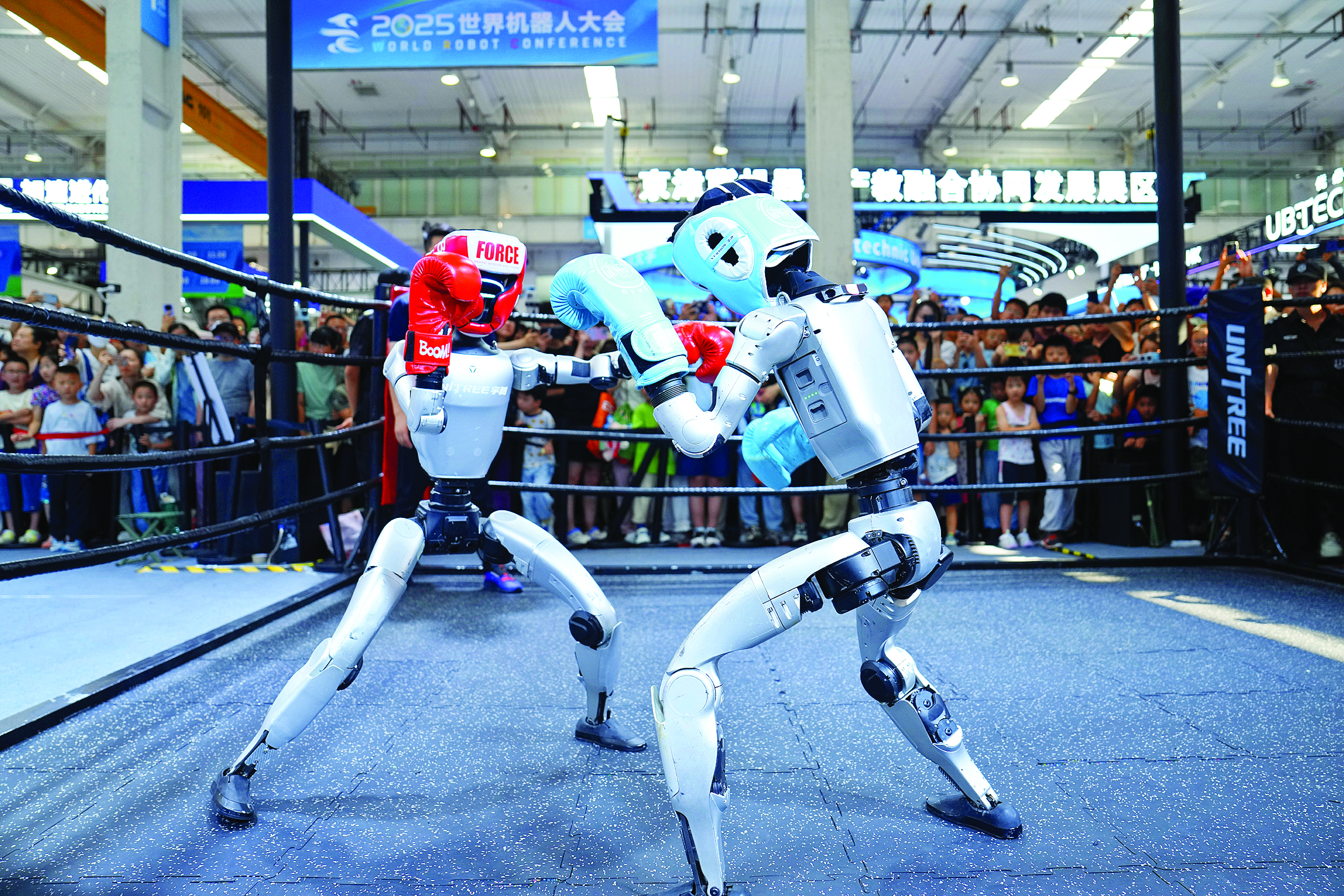     这是2025年8月11日在世界机器人大会展馆内，观众在宇树机器人展台观看机器人拳击展示。    新华社发