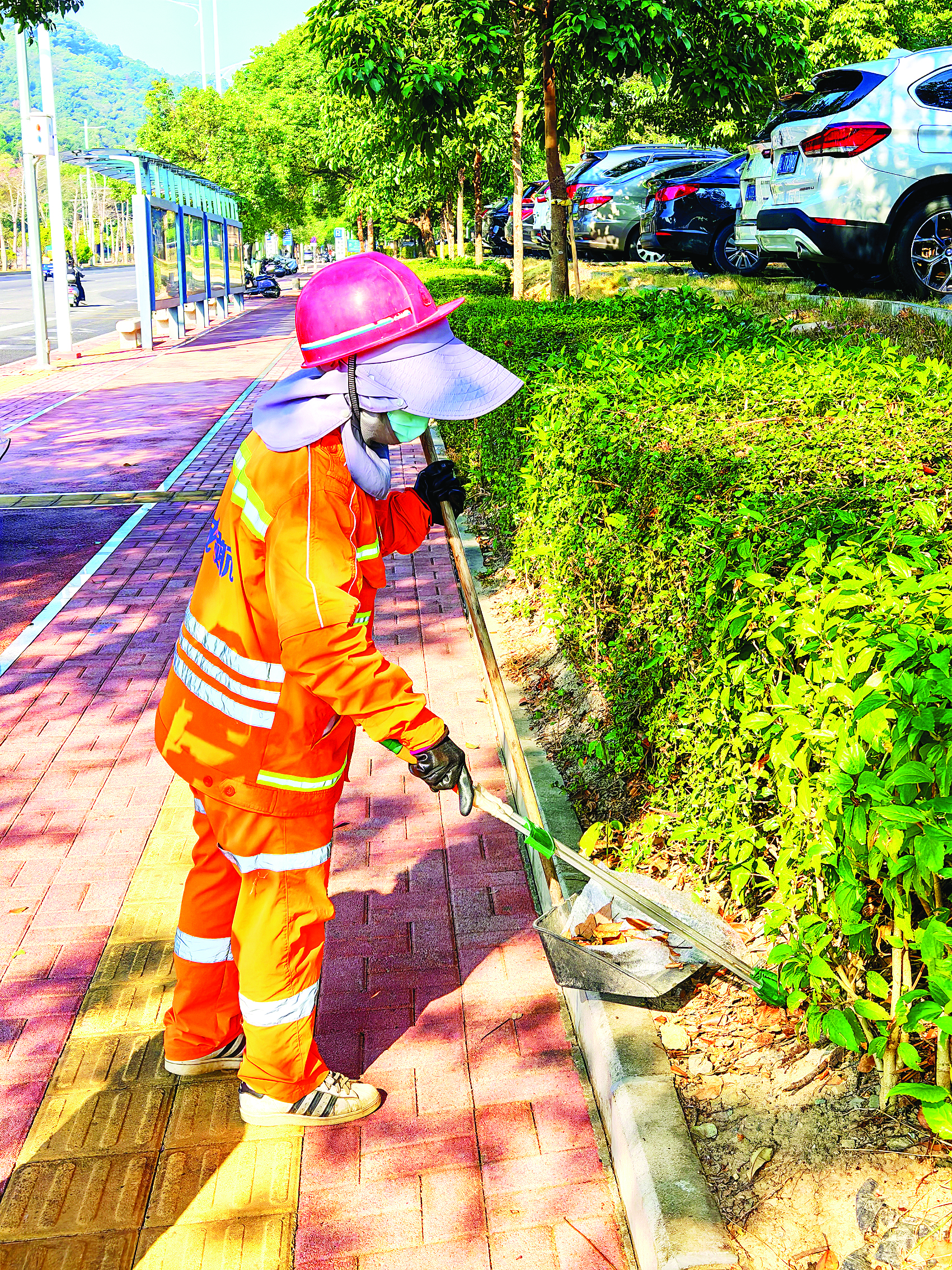    环卫工人清扫绿化带。