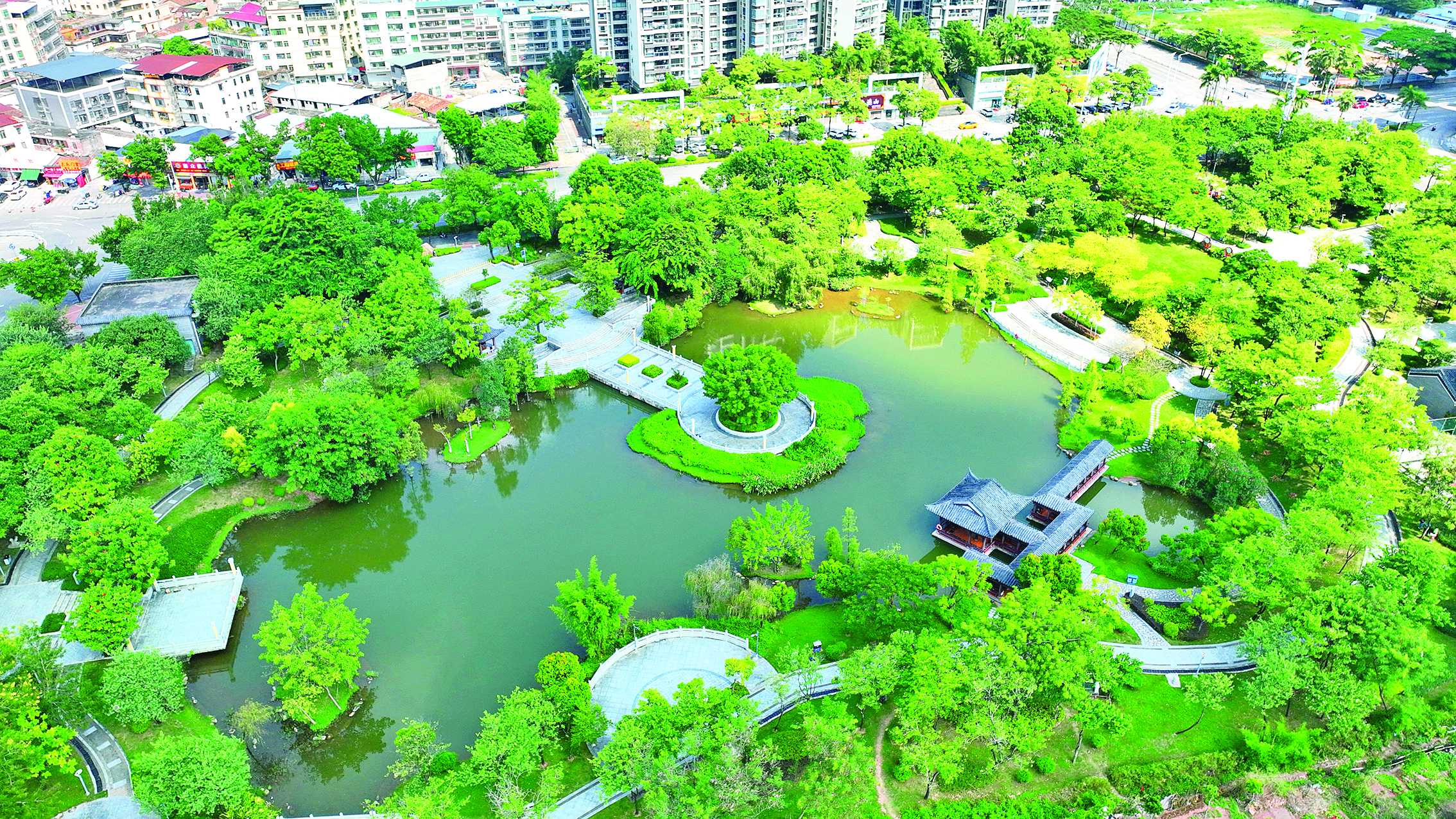     新湖公园绿植环绕，成为市民休闲好去处。