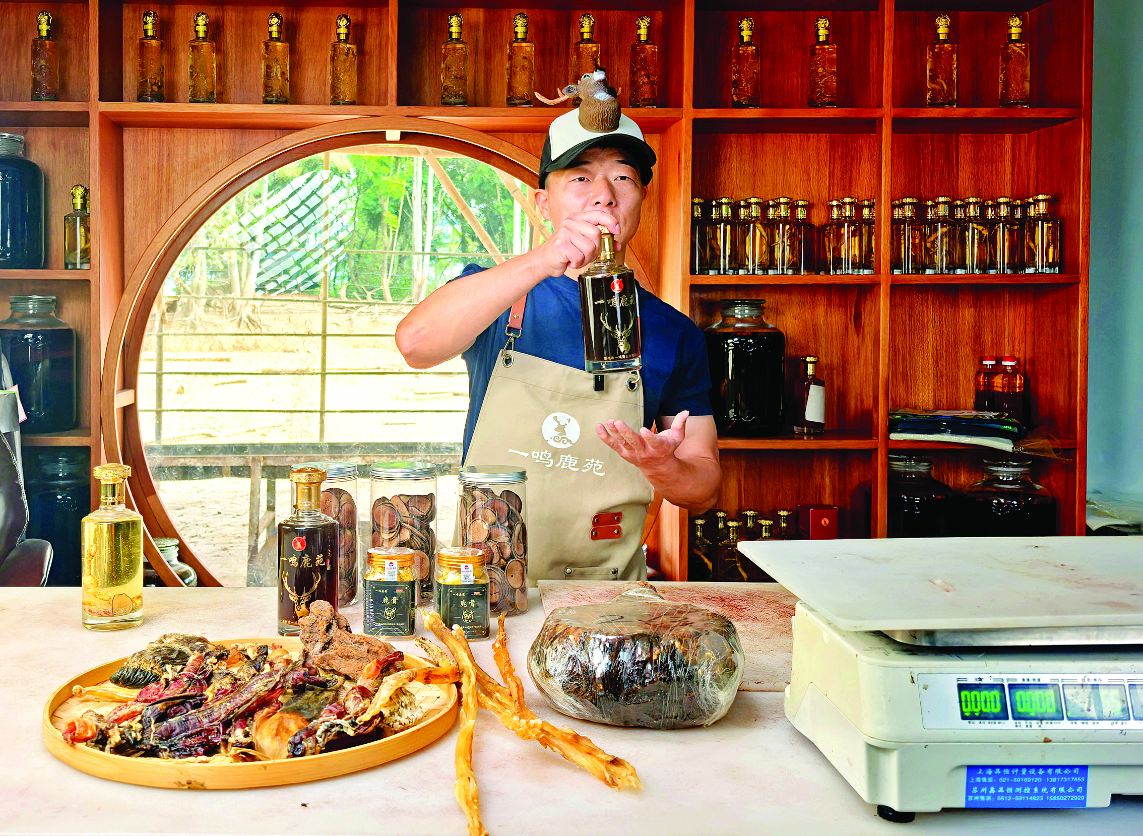     村民介绍梅花鹿产品。