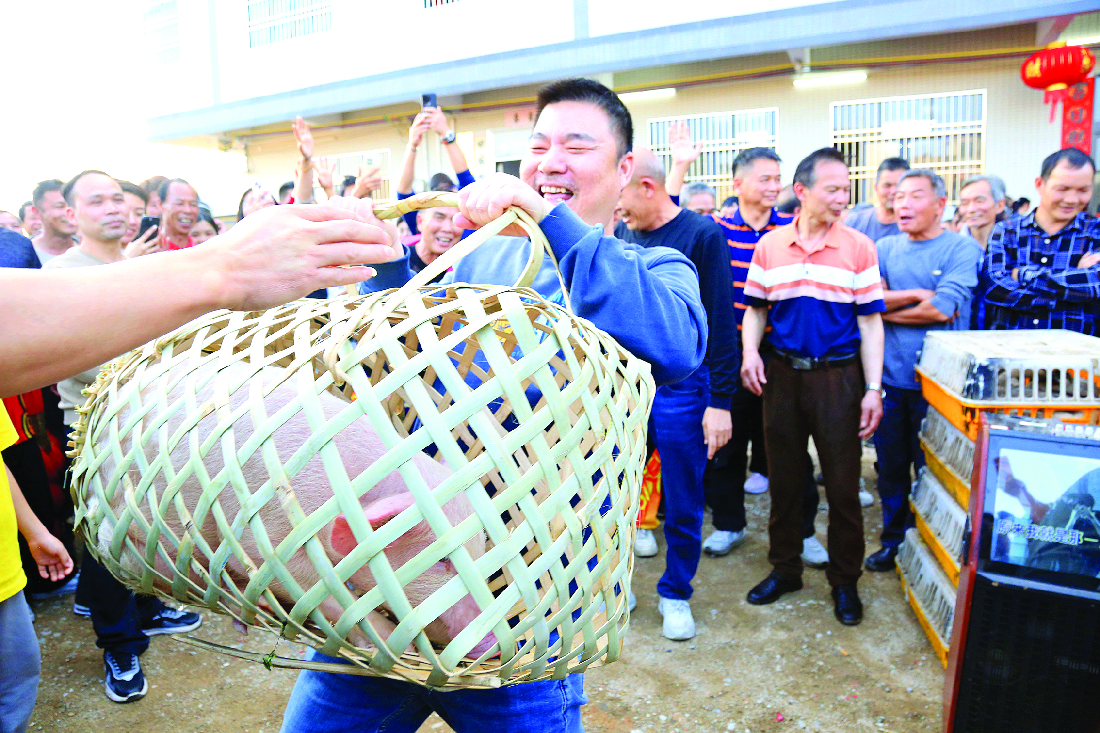     抢到炮头的村民开心兑换一只小猪。    惠州日报记者黄宇翔 特约通讯员黄伟光 摄