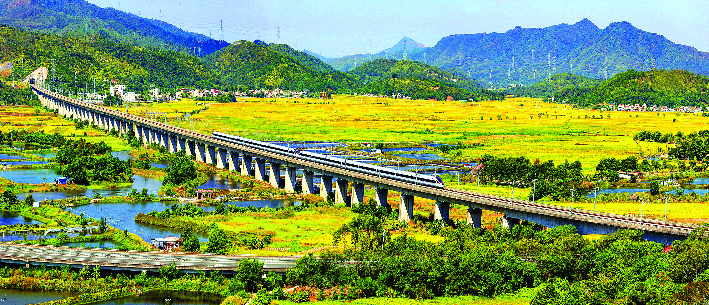     惠州深度融入“轨道上的大湾区”，轨道交通日益完善。这是厦深高铁。惠州东江图片社供图