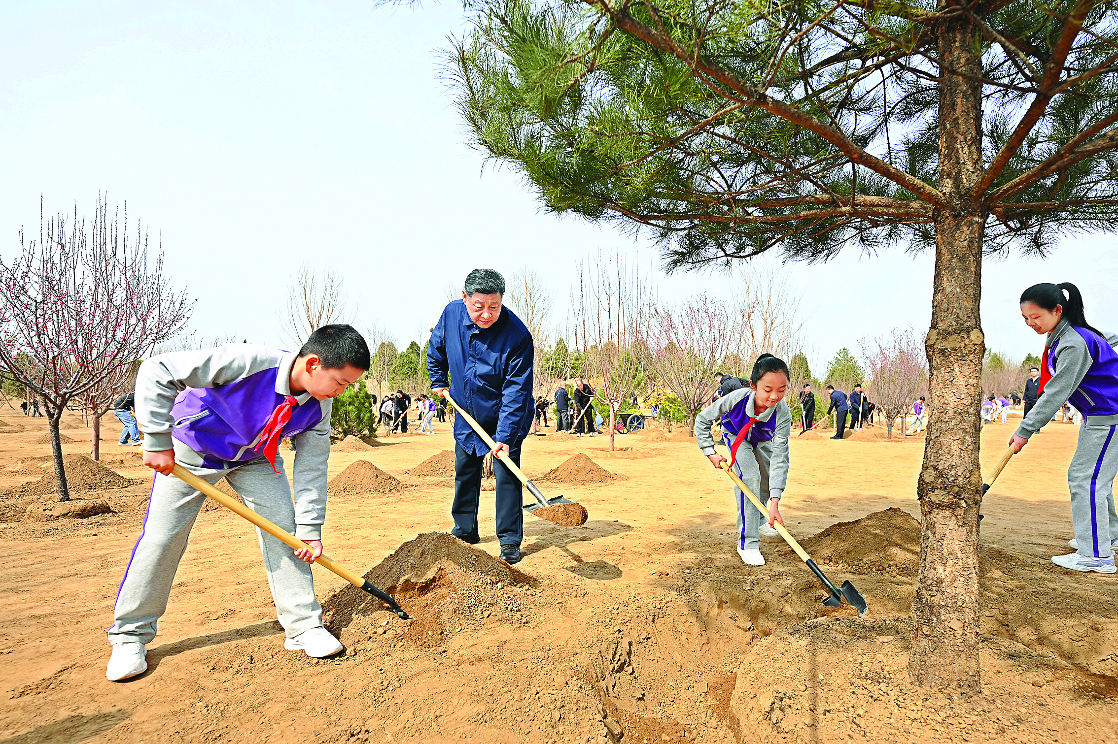     3月30日，党和国家领导人习近平、李强、赵乐际、王沪宁、蔡奇、丁薛祥、李希等来到北京市昌平区百善镇参加首都义务植树活动。这是习近平同大家一起植树。新华社发