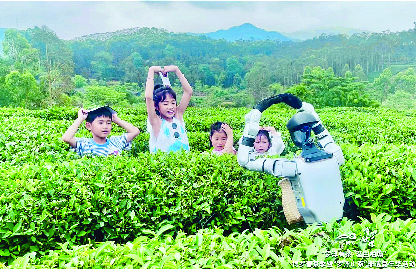     采茶机器人与孩子们互动。