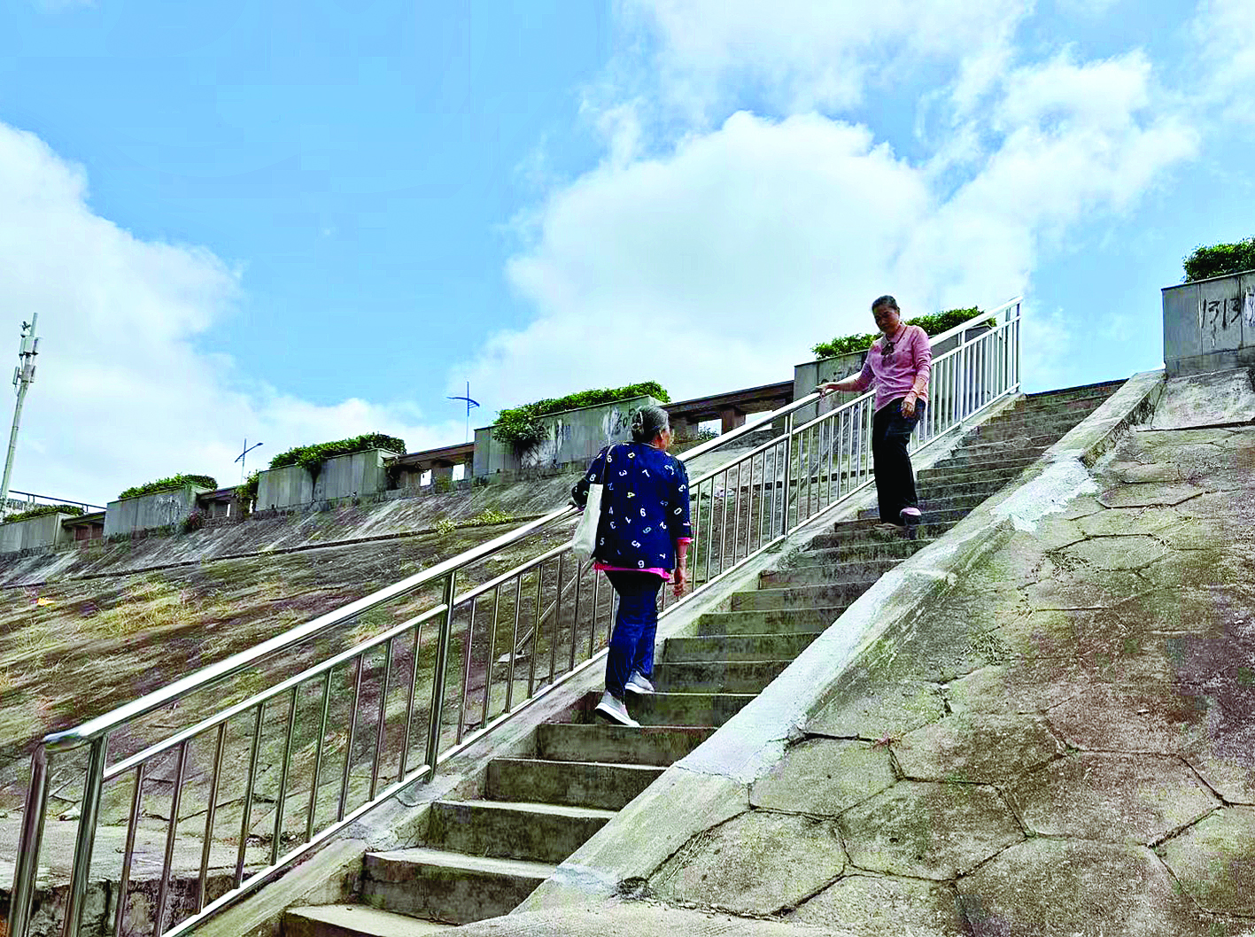     江边路堤坝新加装的安全护栏，让居民上下台阶更安全。    本组图片 惠州日报记者彭红霞 摄