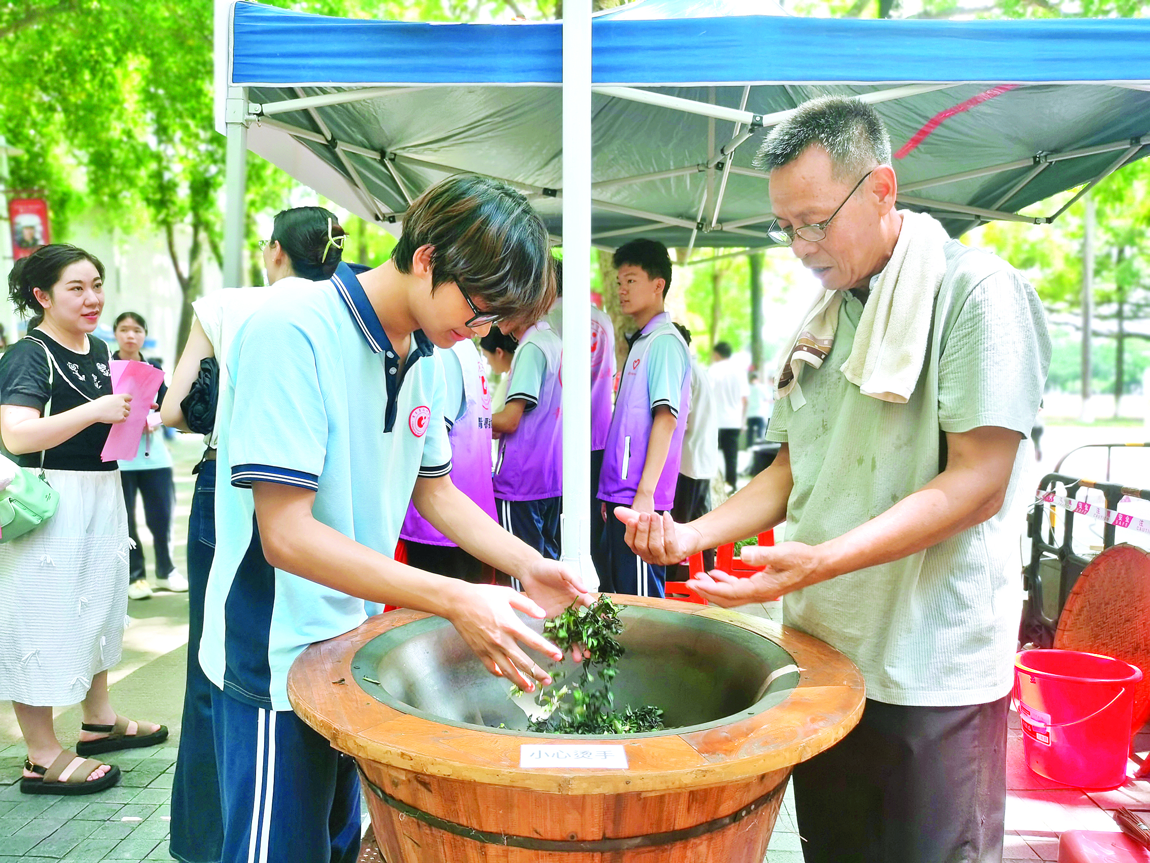     学生体验柏塘山茶炒制。